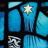 "Transforming Light: The Stained-Glass Windows of Boston College." Images from the West wall, Religion alcove, Gargan Hall, Bapst Library. Page 44: The Magi. The three wise men from the East follow the star to Bethlehem.