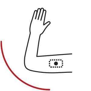 Graphic: arm with elbow down and hand up, with bandage on upper arm