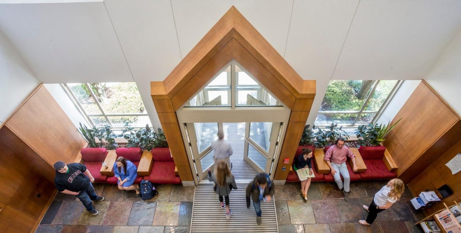 Students in the lobby of the Law Library