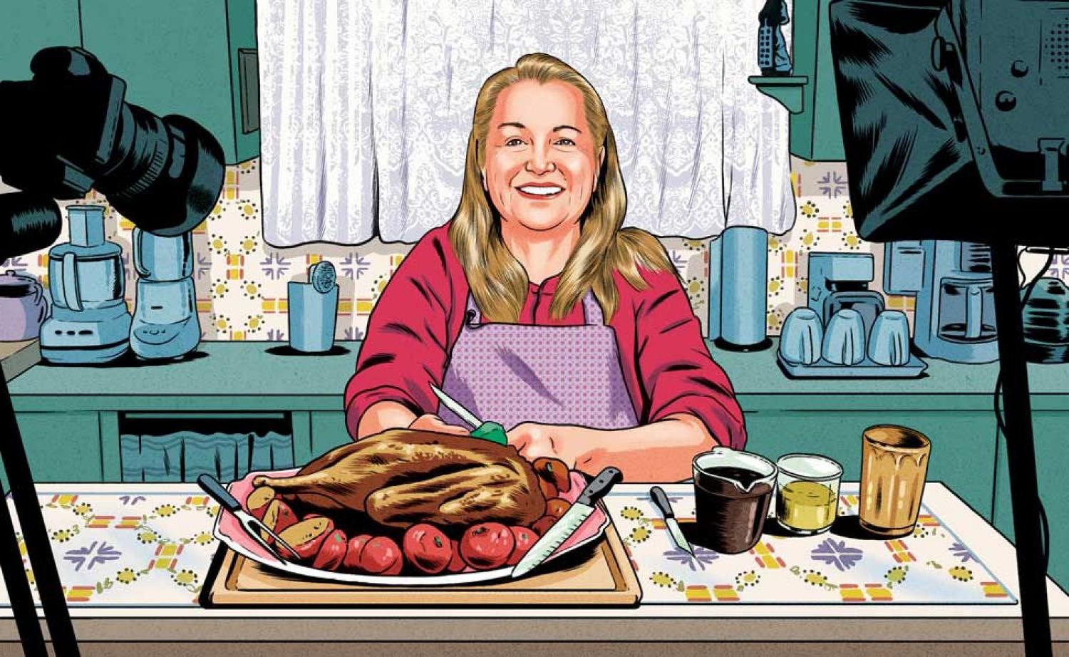 Illustration of Mary Shrader flanked by video equipment preparing a meal in her home kitchen.