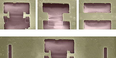 Cavities where a three-step conversion process—from surface plasmon to photon and back to surface plasmon—takes place. (Juan M. Merlo/Boston College)