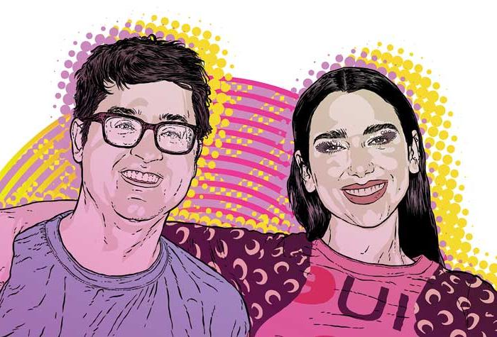 Colorful illustration of Dua Lipa and Brennan Carley ’13 